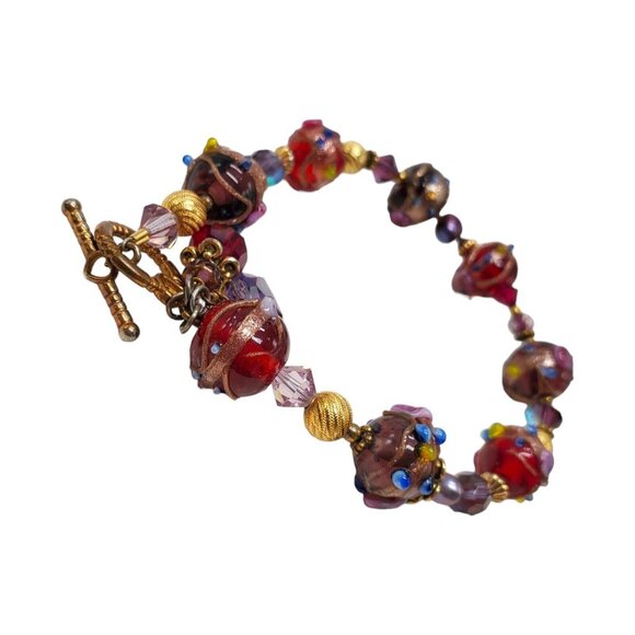 Artisan Wedding Cake Glass Bead Bracelet 22k GF Hand Blown Toggle Clasp Red - Picture 5 of 16